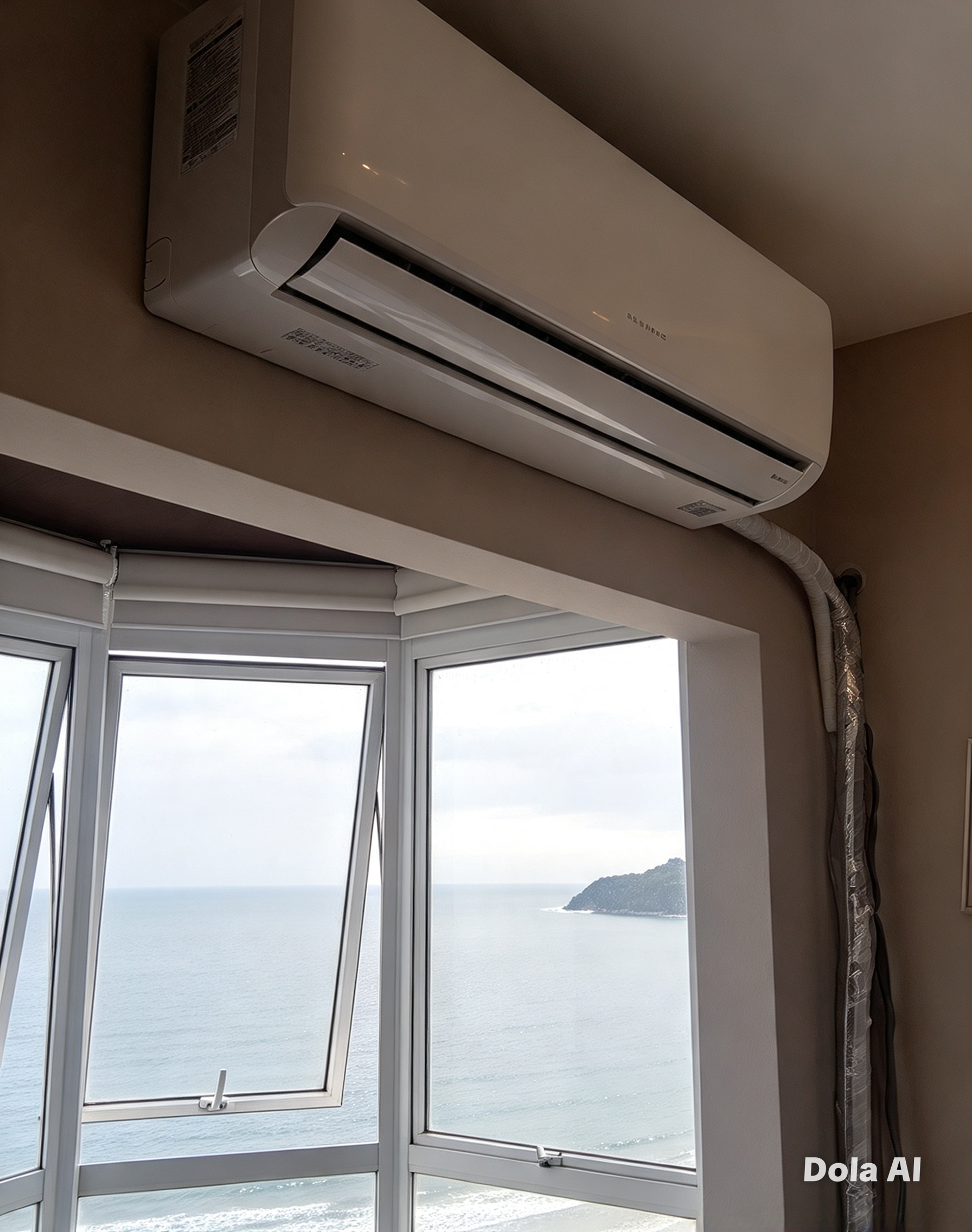 Ar-condicionado split instalado acima de janela com vista para o mar em apartamento de Balneário Camboriú