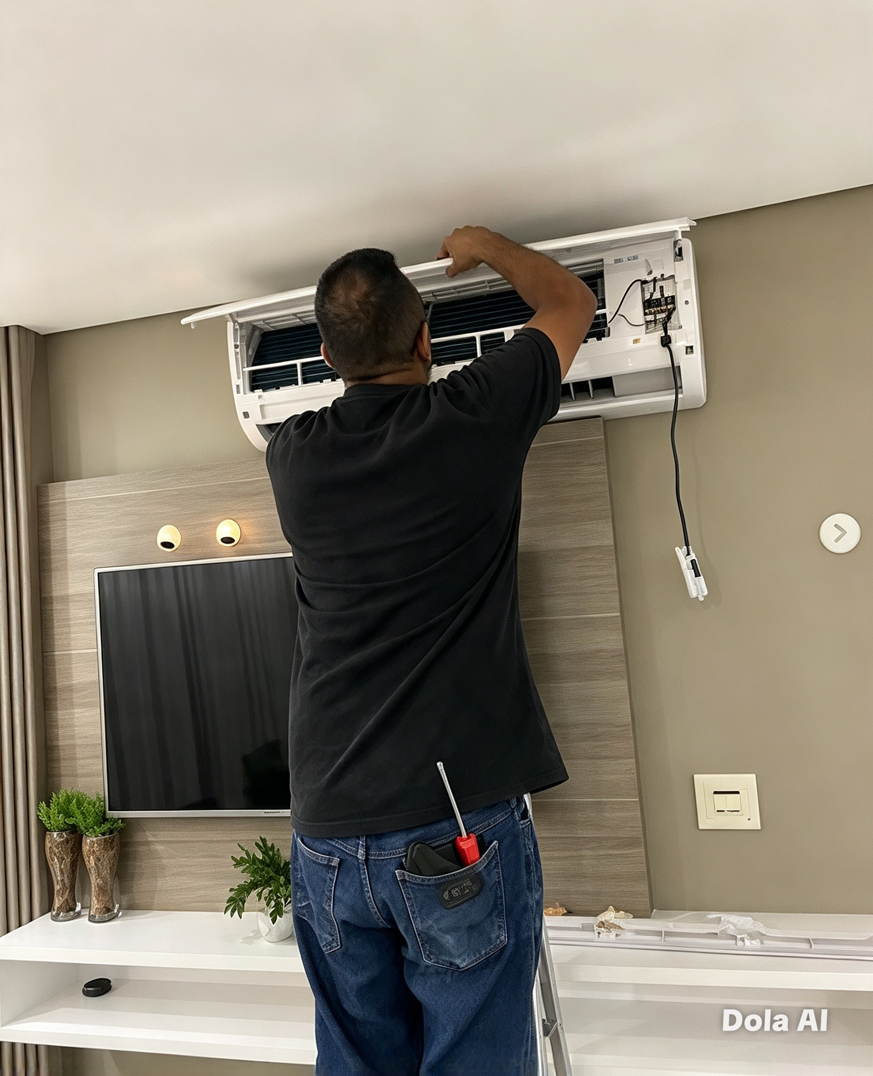 Técnico da Arven abrindo a tampa de um ar-condicionado split na sala de um apartamento para fazer a manutenção