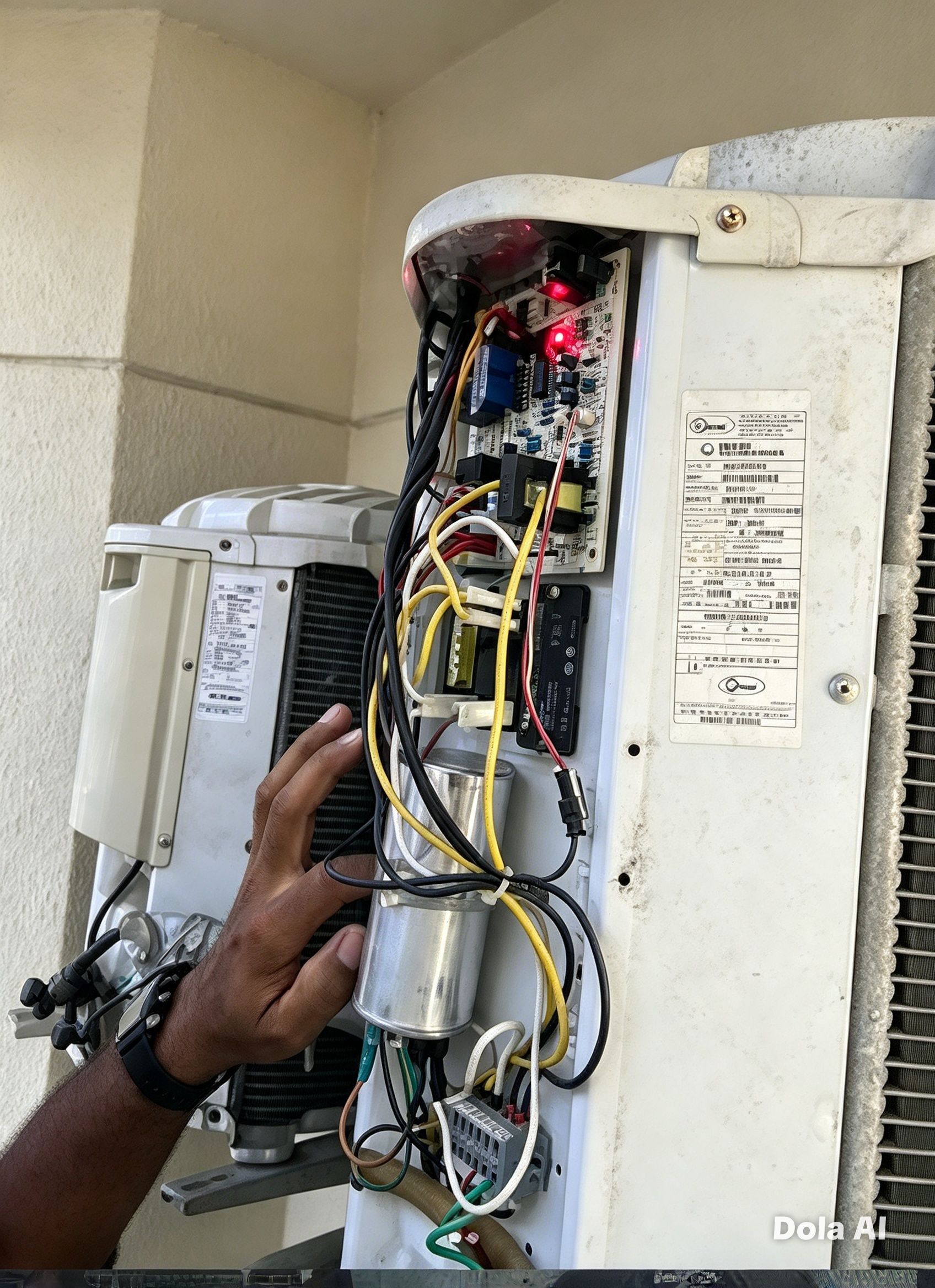 Placa eletrônica e fiação de unidade condensadora aberta para diagnóstico e reparo